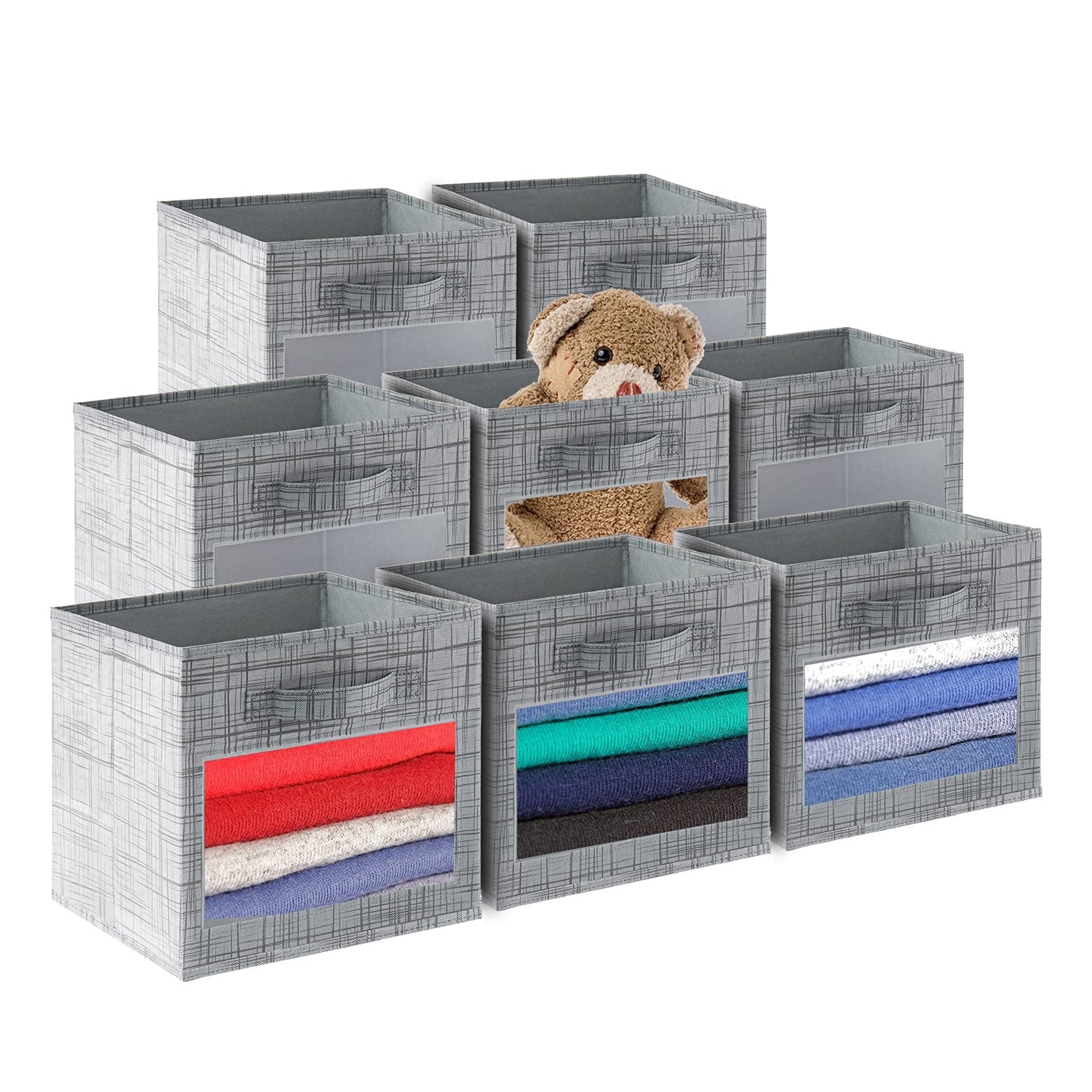 Foldable Fabric Cube Storage Bins with Clear Window, Closet & Shelf Organizer Baskets for Nursery & Kids Room, 8 Pack, Black