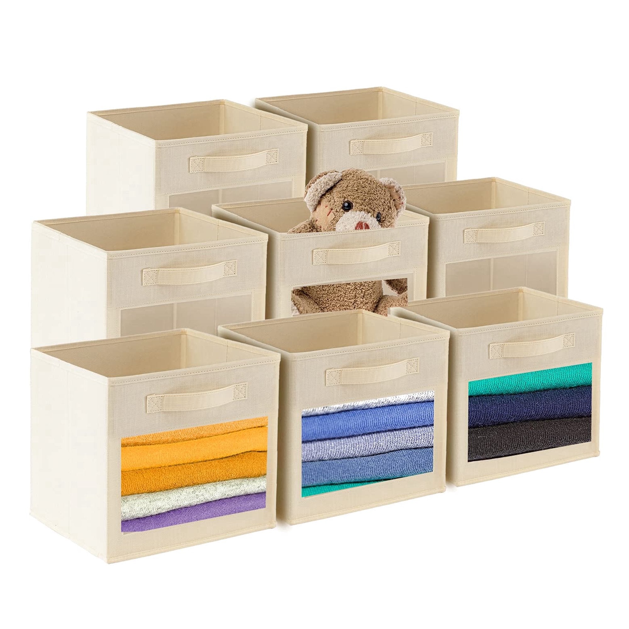 Foldable Fabric Cube Storage Bins with Clear Window, Closet & Shelf Organizer Baskets for Nursery & Kids Room, 8 Pack, Black