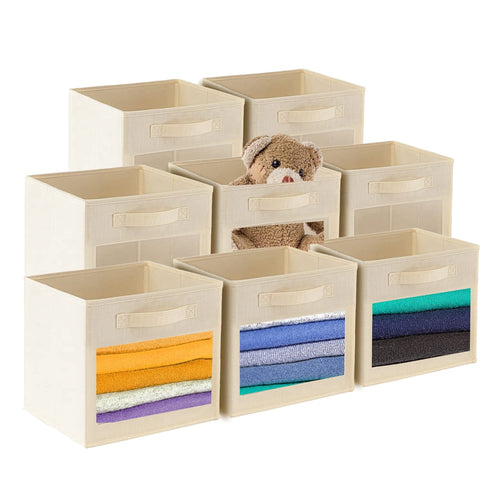 Foldable Fabric Cube Storage Bins with Clear Window, Closet & Shelf Organizer Baskets for Nursery & Kids Room, 8 Pack, Black