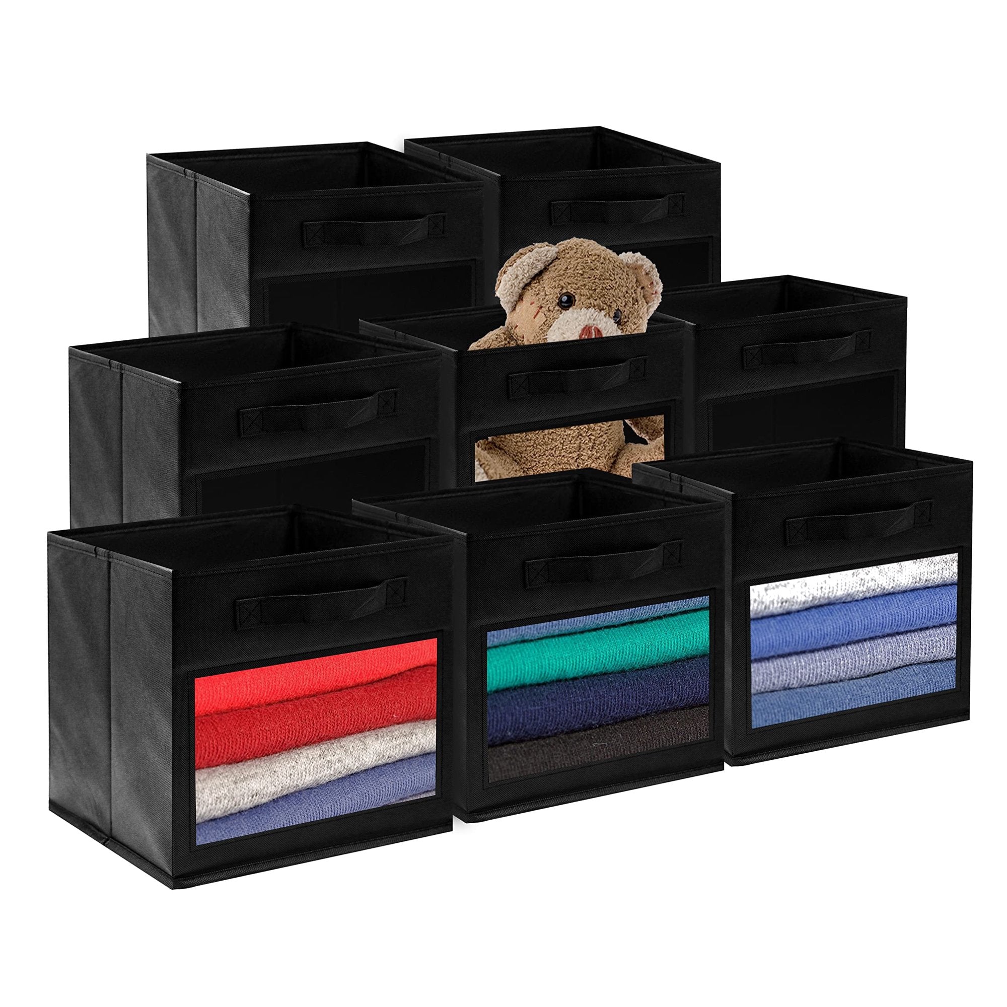 Foldable Fabric Cube Storage Bins with Clear Window, Closet & Shelf Organizer Baskets for Nursery & Kids Room, 8 Pack, Black